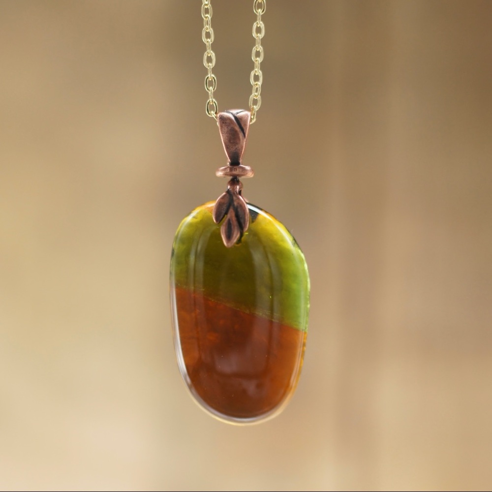 Recycled Wine & Beer Bottle Glass Necklace Green Brown Copper Leaf Seaglass Gift
